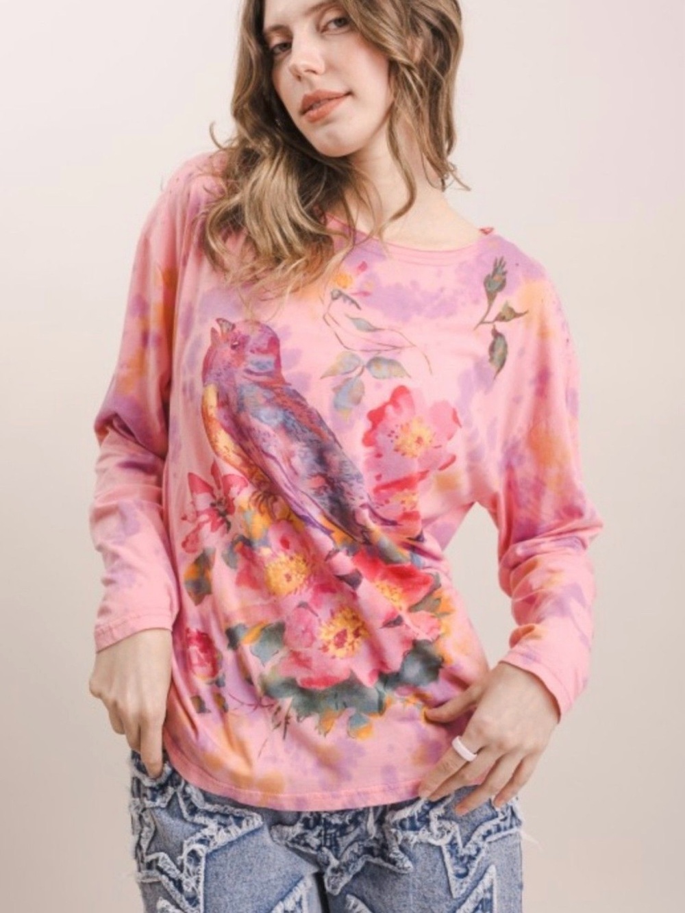 NWT Bright Pink Floral & Bird-Print Long Sleeve Tee